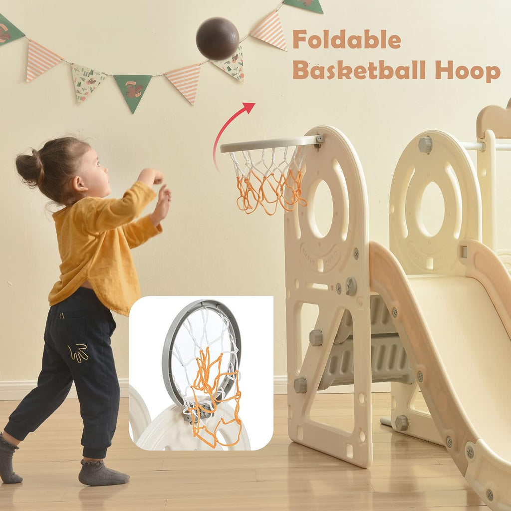 Toddler Slide Swing Set with Bus Play Structure Freestanding Climber Swing Playset with Basketball Hoop for Boys