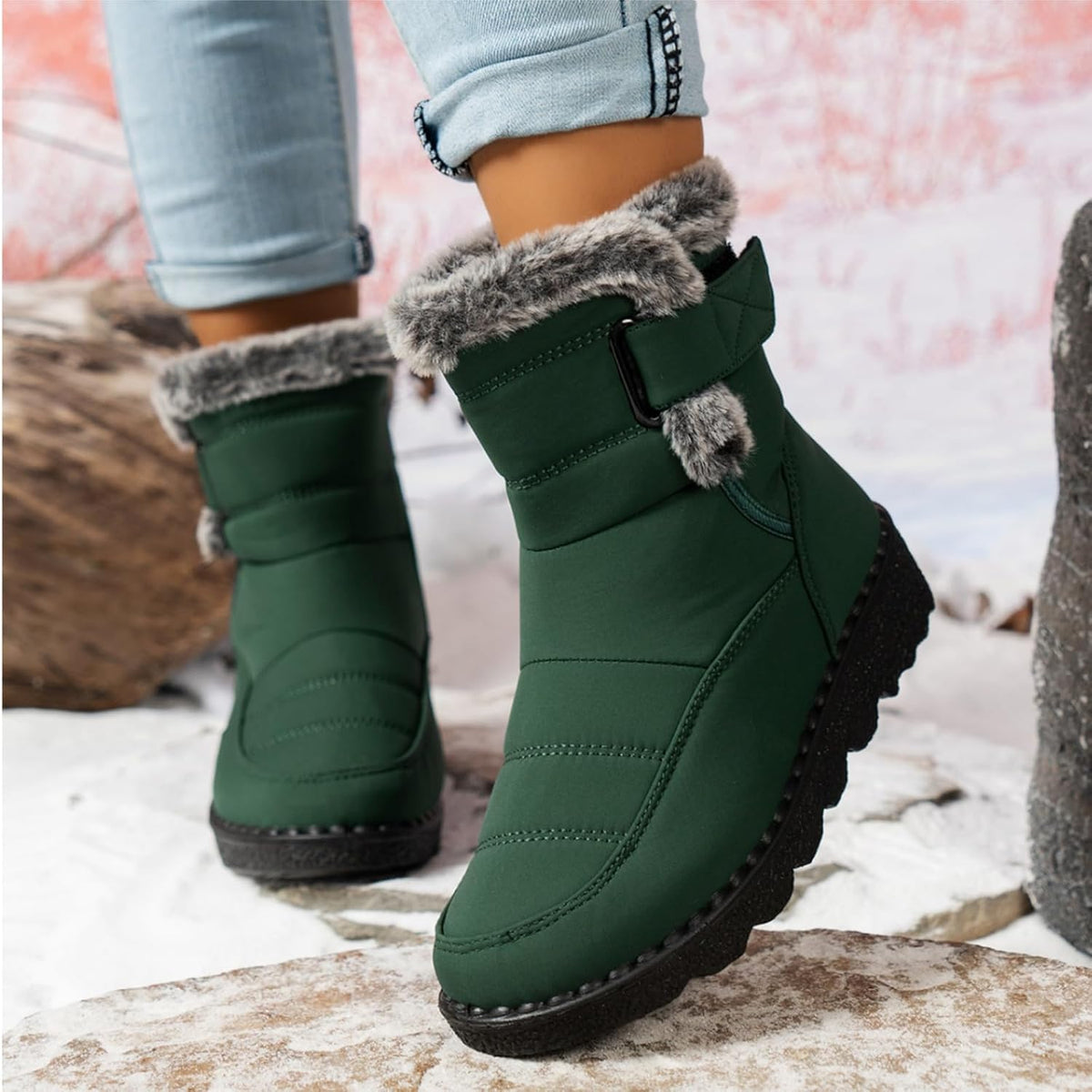 Warm Snow Boots for Women Waterproof Non-Slip Ankle Bootie Lightweight Mid Calf Warm Fur Lined Boots Winter Shoes for