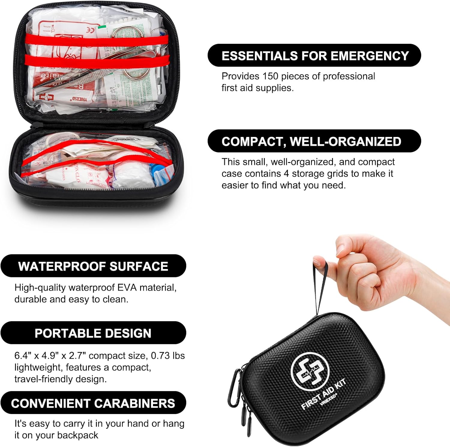 Mini First Aid Kit - 150 Piece Small Waterproof Hard Shell Medical Kit for Home, Car, Travel, Camping, Truck, Hiking