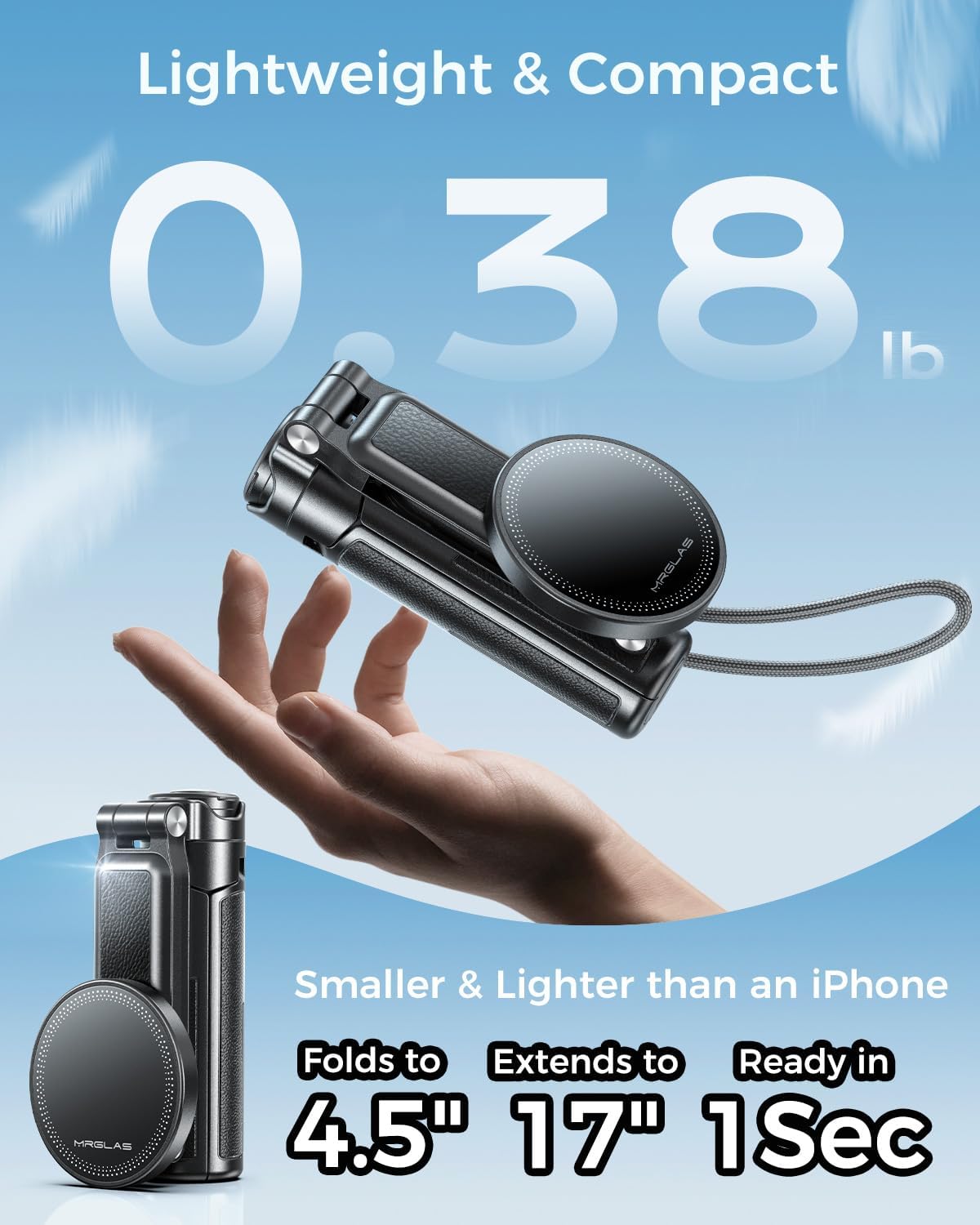 【Max 17"】 MRGLAS Magnetic Mini Tripod Selfie Stick for iPhone【4.5" Pocket】 | 【17" Max Extendable】4.5" Pocket Stand