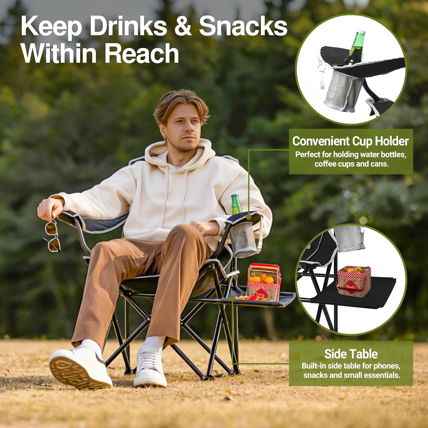 2-Pack Camping Chairs 350LBS Heavy Duty Folding Chair with Side Table | Portable, Sturdy, With Cup Holder