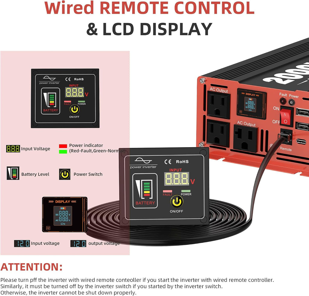 2000 Watt Pure Sine Wave Power Inverter DC 12V to 120V AC, with 2 AC,18W USB, and 30W Type-C Charging Ports, Car