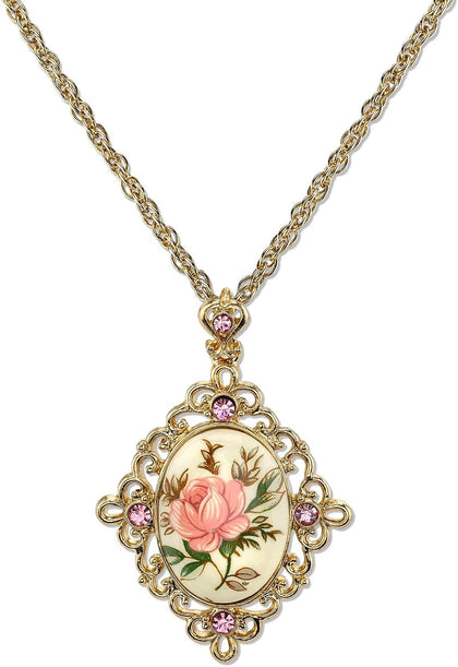 1928 Jewelry 14K Gold Dipped Ivory Color Floral Decal Pink Crystal Accent Pendant Necklace For Women 16" + 3" Extender