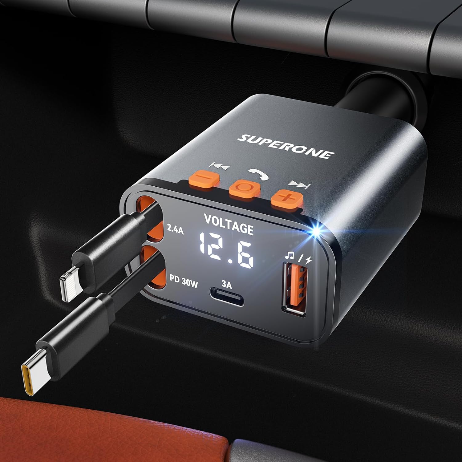 69W Retractable Car Charger, Compact Bluetooth 5.3 FM Transmitter | 4 in 1 Bluetooth Car Adapter, Apple & USB C