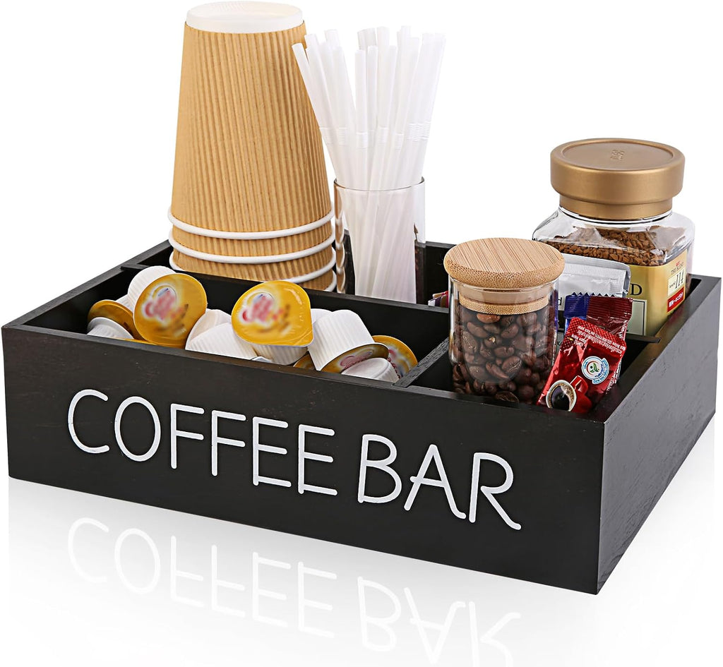 Coffee Bar Organizer – Wooden Coffee Station with 4 Compartments, Removable Dividers, and Condiment Storage for Home