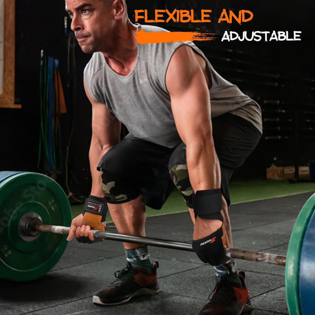 Workout Gloves, Heavy Duty Cowhide Padded Weight Lifting Gloves with Wrist Support, Full Palm Protection & Silicone