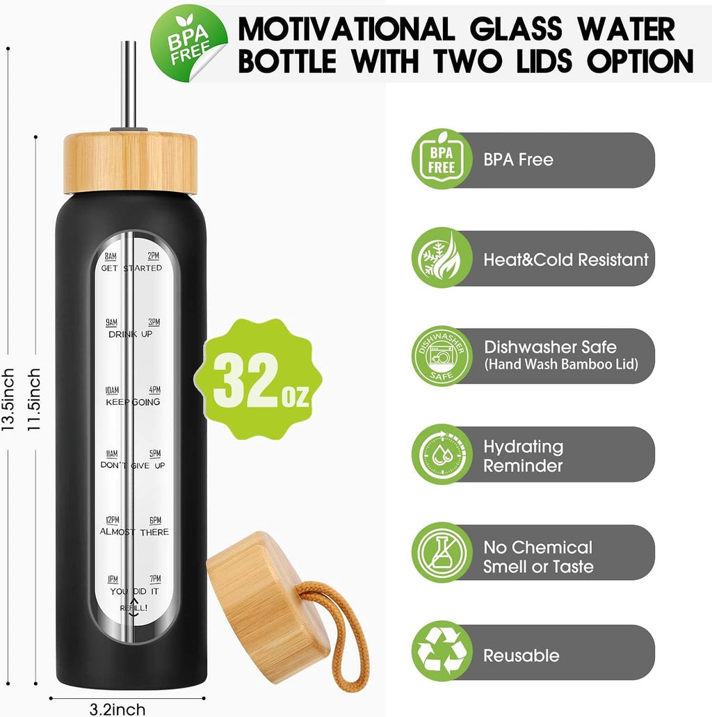 32 oz Glass Water Bottle with Straw - Motivational Time Marker & Silicone Sleeve - Reusable Tumbler Includes 2 Bamboo