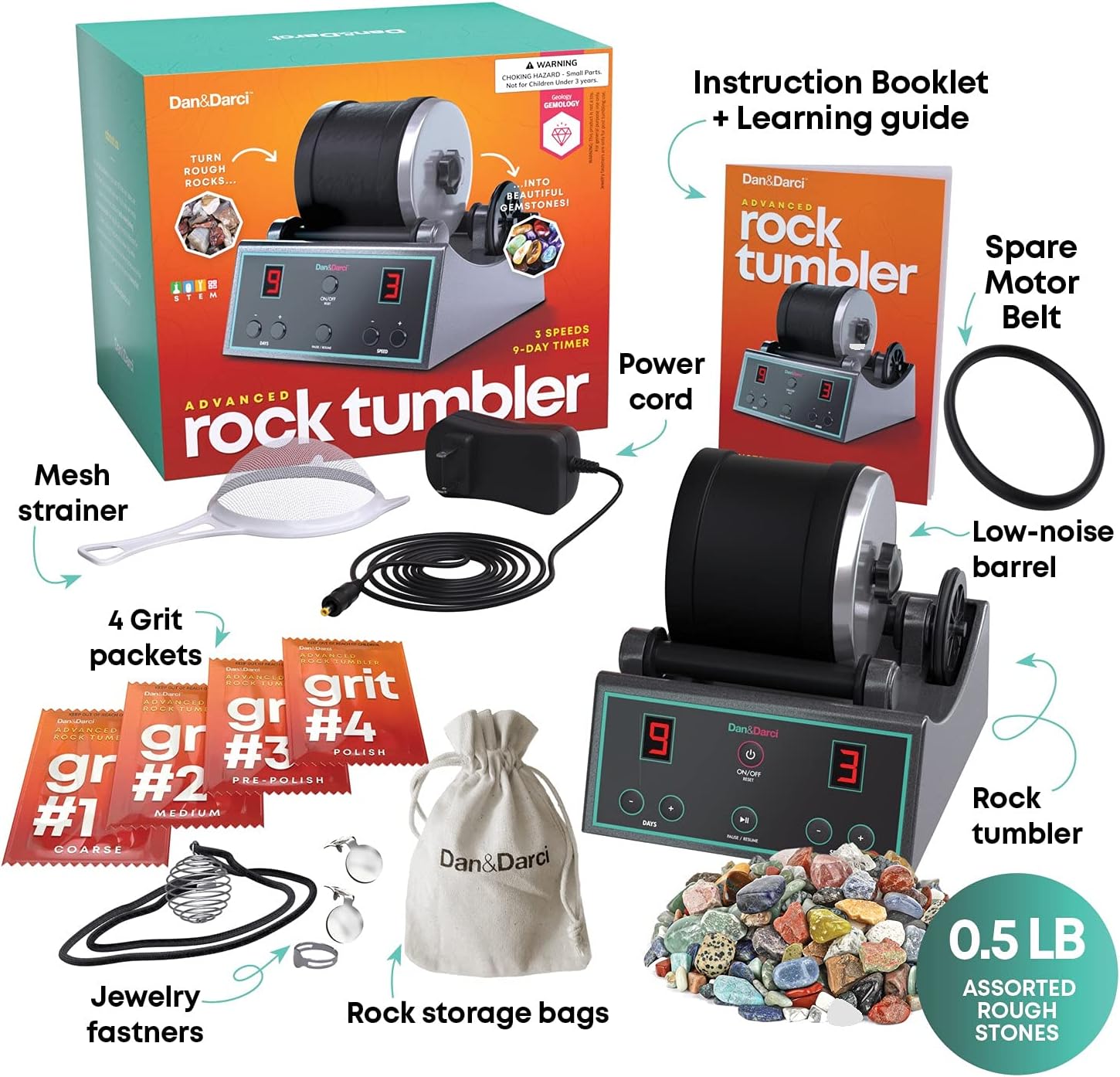 Advanced Professional Rock Tumbler Kit - with Digital 9-Day Polishing Timer & 3 Speed Settings - Turn Rough Rocks