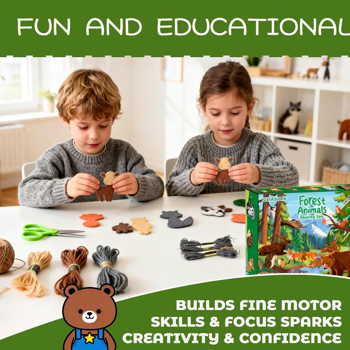 Sewing Kit for Kids, 8 Pcs Jungle Crafts Sewing Kit, Ages 5-8-12