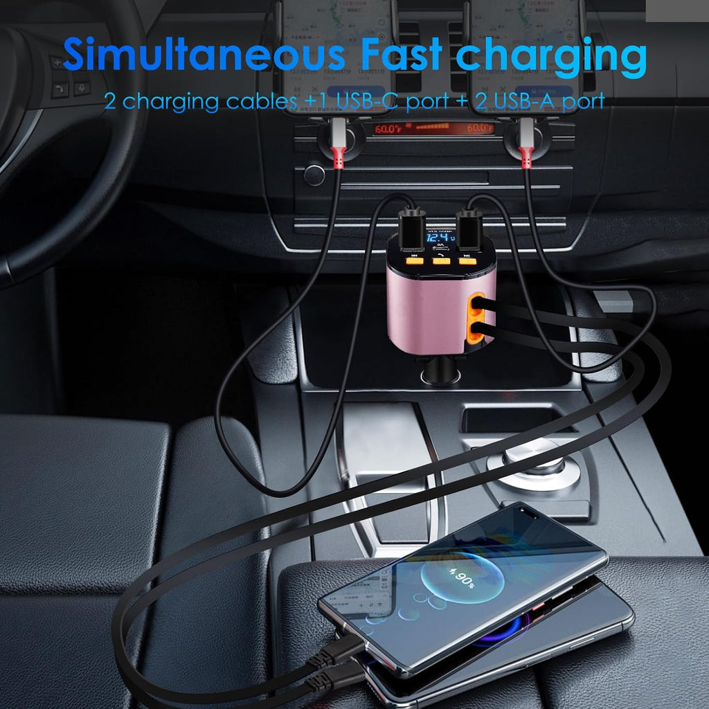 Retractable Car Charger,5 in 1 Fast Car Phone Charger 90W,Bluetooth 5.3 FM Transmitter Adapter,Handsfree Call,2