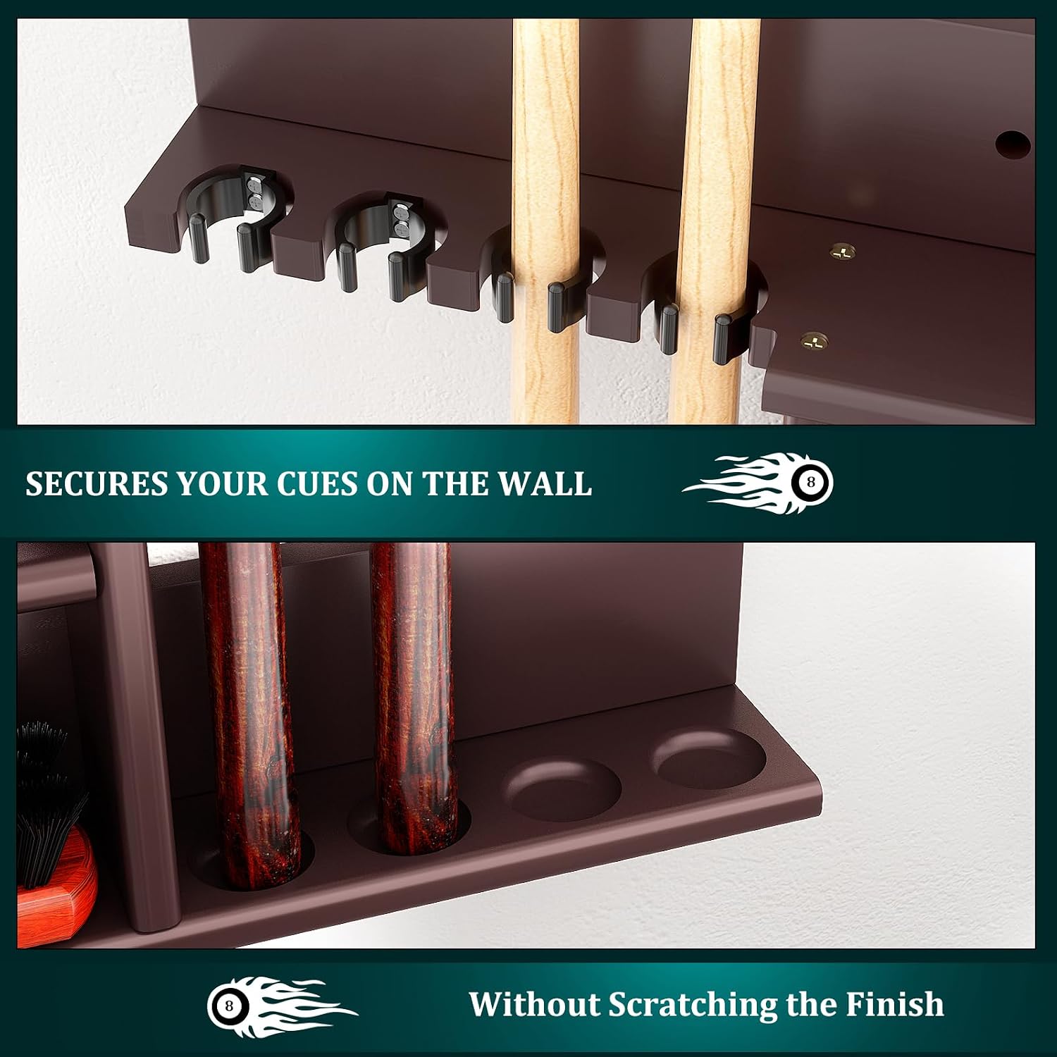 Bamboo Pool Cue Rack Wall Mounted, Billiards Sticks Holder for 8 Cues | Organizes Full Set of Balls and Pool Table