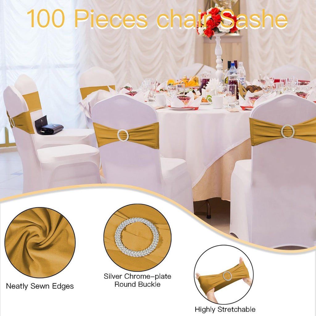 100PCS Spandex Stretch Chair Sashes Bows Elastic Chair Cover Bands Ties with Buckle Slider for Wedding Party