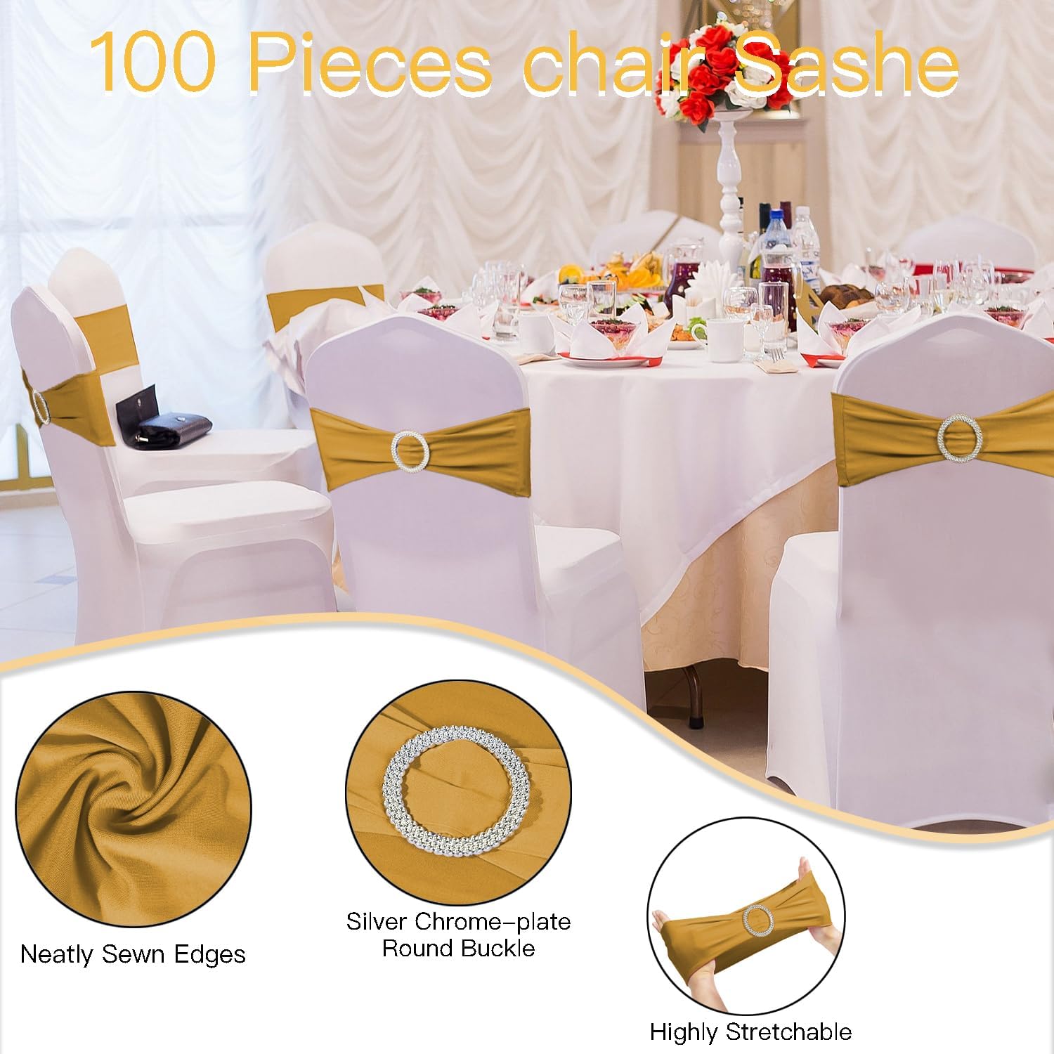 100PCS Spandex Stretch Chair Sashes Bows Elastic Chair Cover Bands Ties with Buckle Slider for Wedding Party
