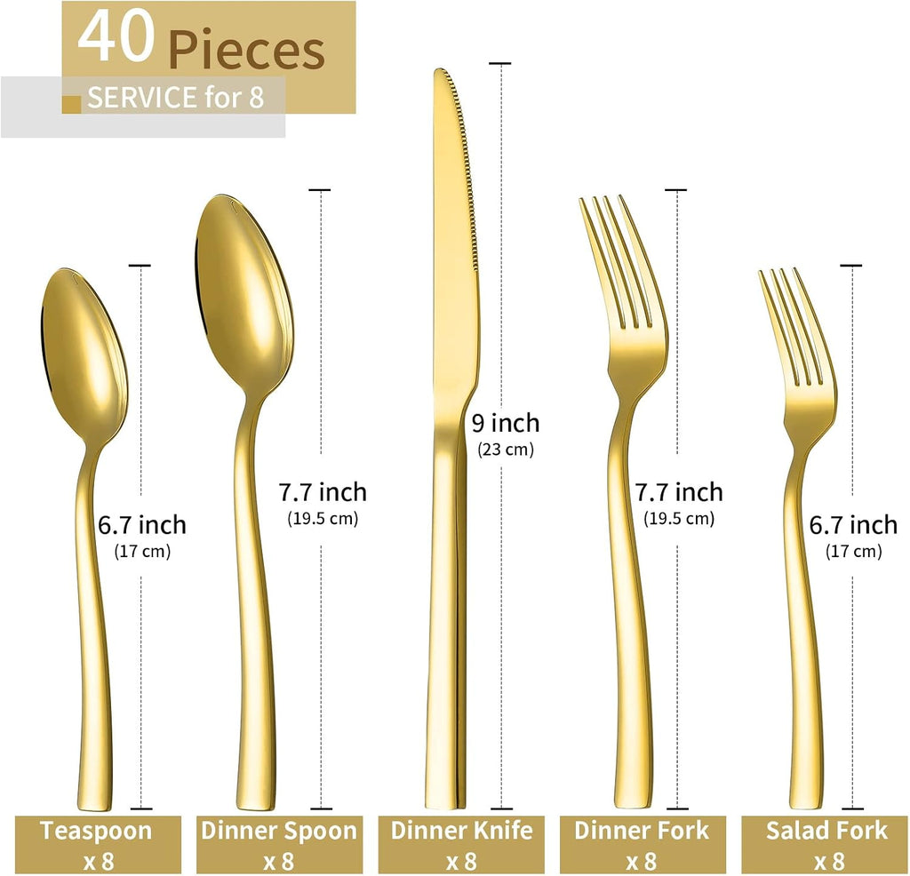 Gold Silverware Set for 8, 40 Pieces Flatware Set Stainless Steel