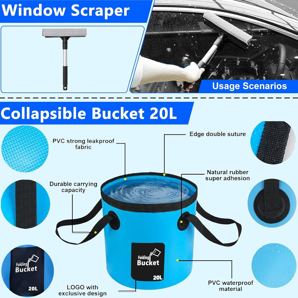 Car Wash Kit, Car Detailing Kit with Foam Gun, Car Wash Brush Mop and Large Folding Bucket Suitable for Car Cleaning