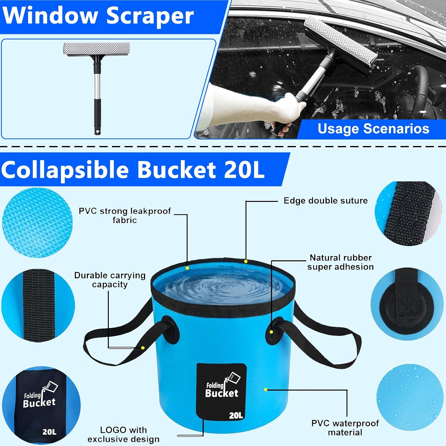 Car Wash Kit, Car Detailing Kit with Foam Gun, Car Wash Brush Mop and Large Folding Bucket Suitable for Car Cleaning