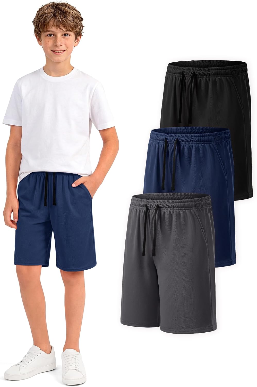 Boys Athletic Shorts 3 Pack Kids Quick Dry Mesh Short with Pockets