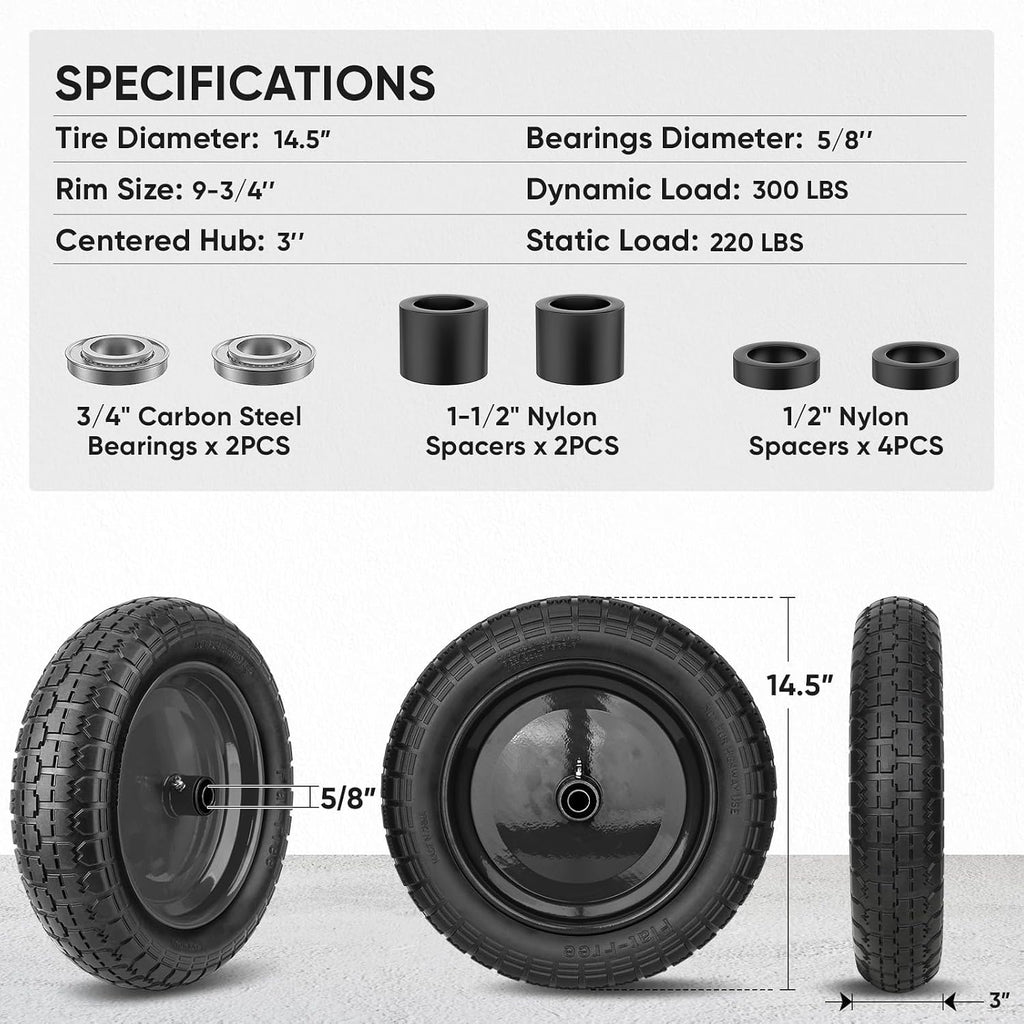 4.80/4.00-8 Tire, 14.5" Flat Free Wheelbarrow Tire and Wheel, Solid Replacement Tires with 3" Centered Hub, 5/8" 3/4"