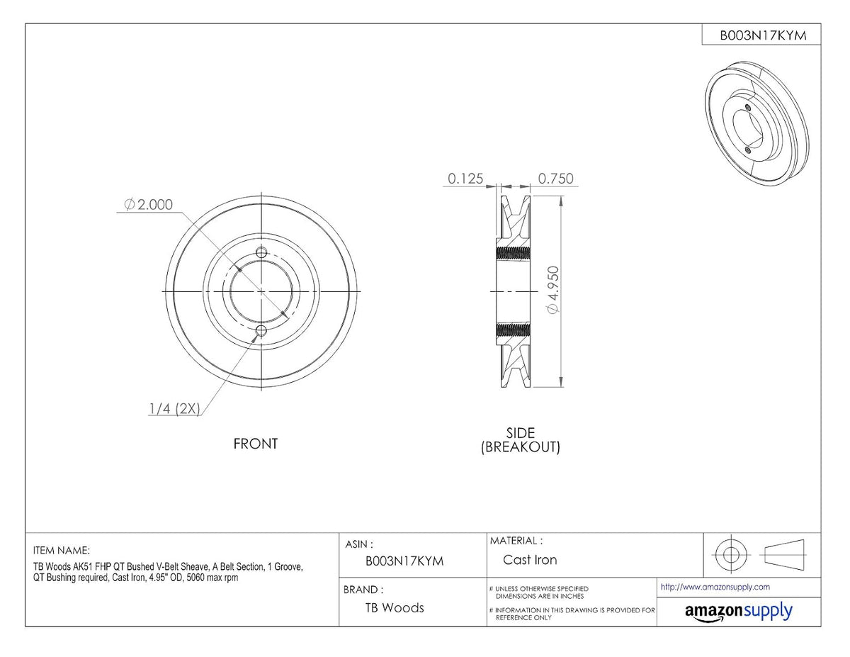 TB Woods AK51 FHP QT Bushed V-Belt Sheave, A Belt Section, 1 Groove, QT Bushing required, Cast Iron, 4.95" OD, 5060 max rpm