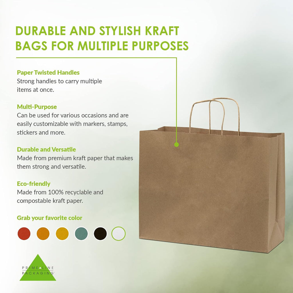 Large Kraft Bags with Handles, 16x6x12 Inch, 25 Pack
