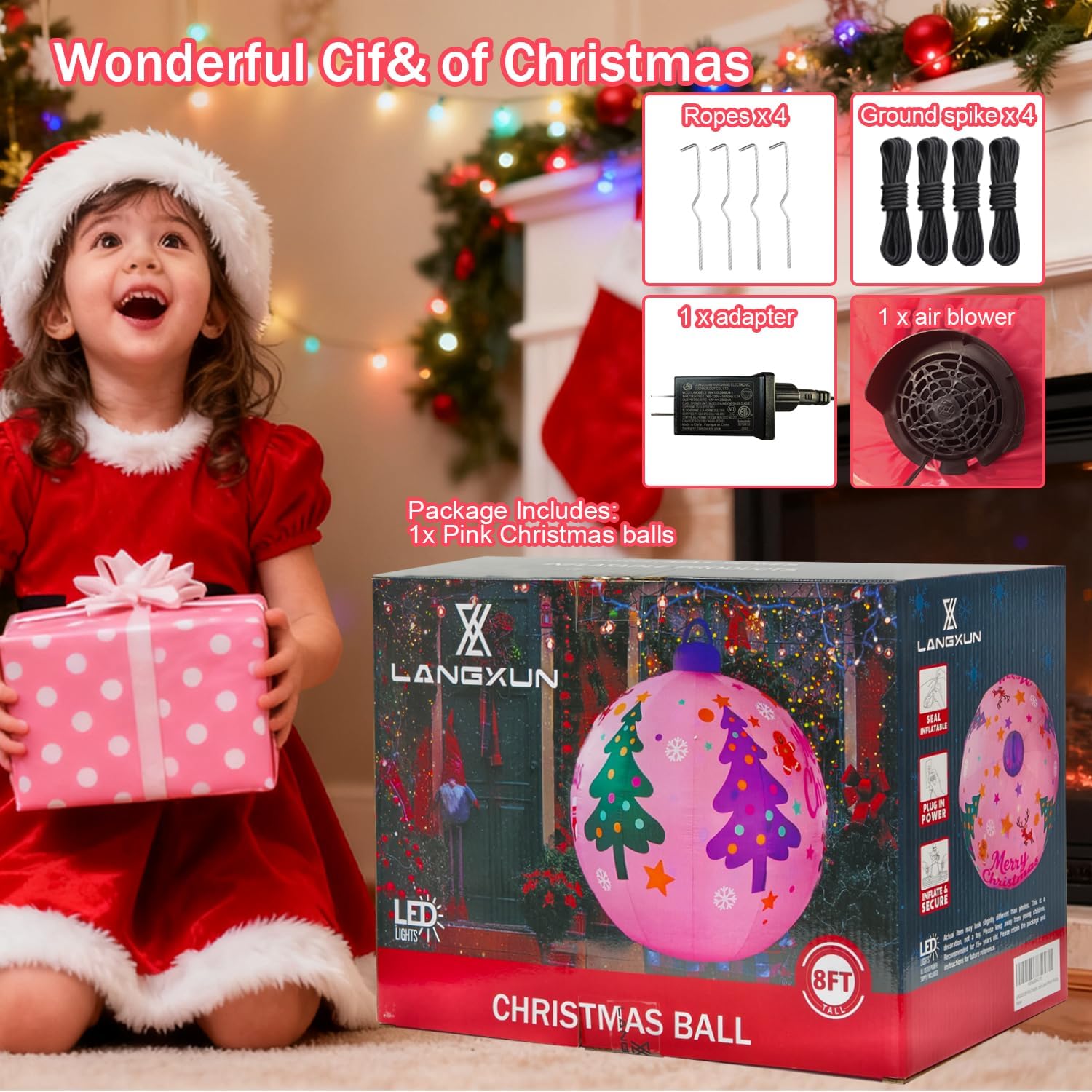 8ft Pink Christmas Ball Inflatable Outdoor Indoor Decor, Giant Blow Up IP44 Weatherproof Xmas Decorations for Yard
