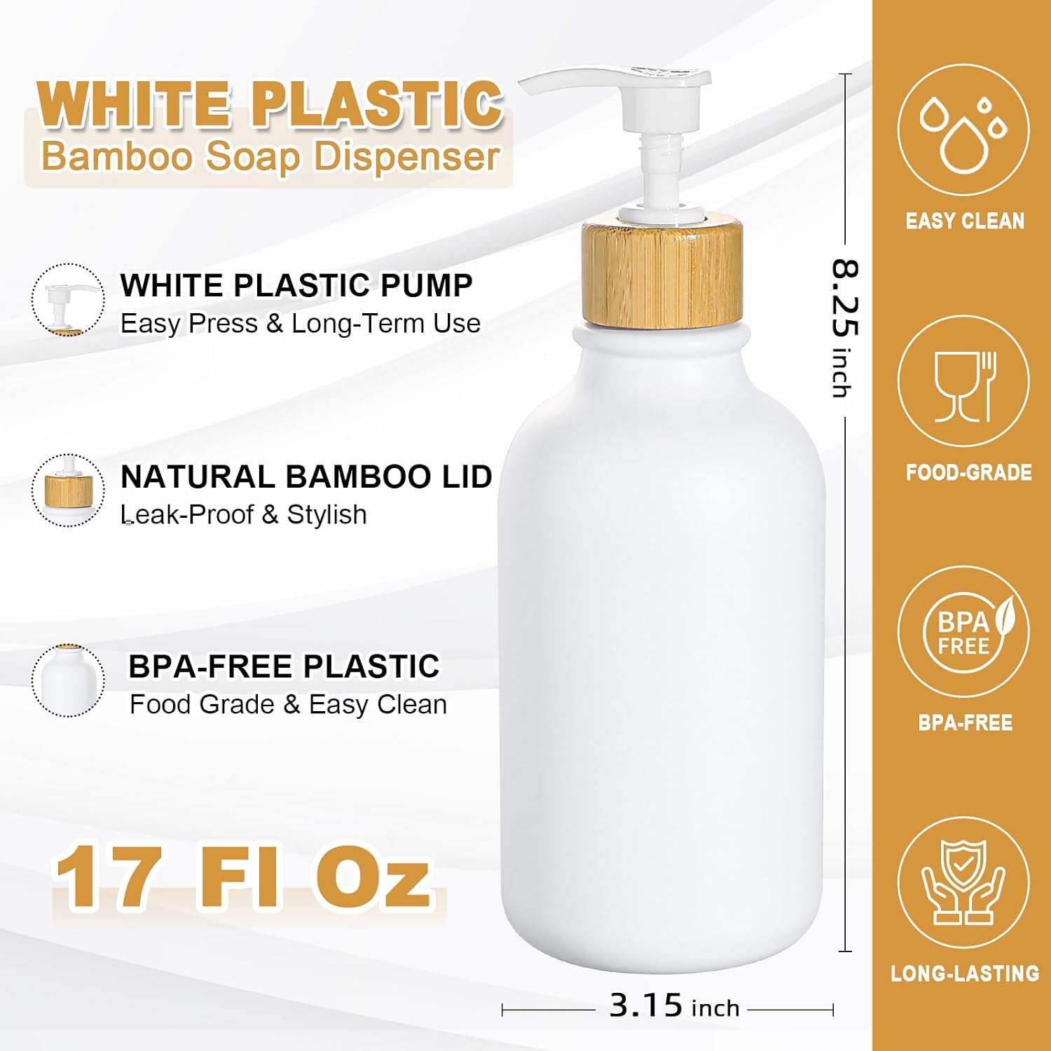 White Soap Dispenser, 2 Pack Plastic Bathroom Hand Soap and Lotion Dispenser Set with Bamboo Pump, 17 Fl Oz Hand and