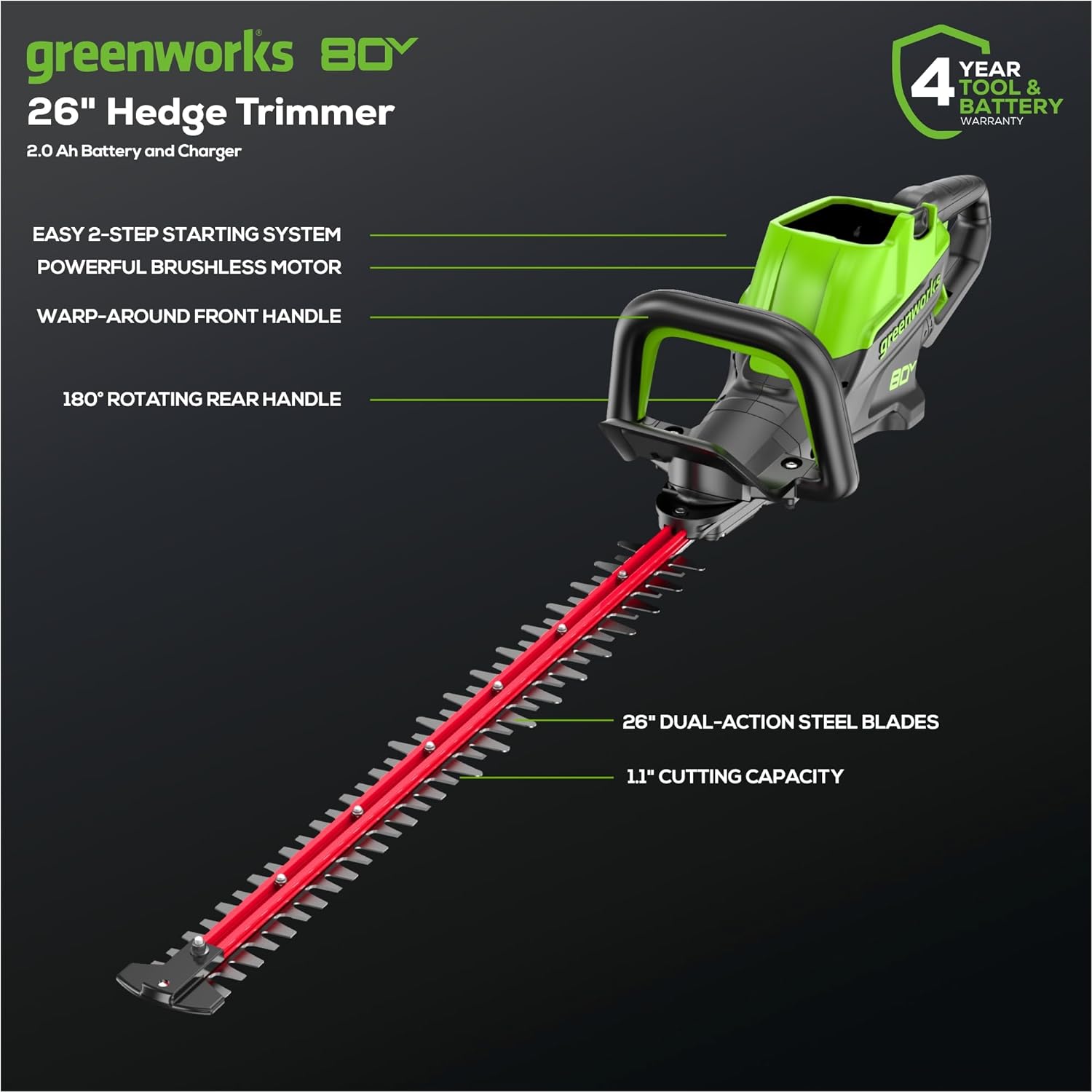 80V 26 in Cordless Hedge Trimmer, 2.0 Ah Battery and Charger