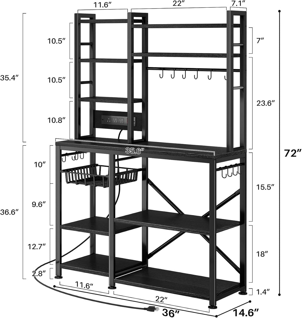 6-Tier Bakers Rack with Power Outlets, 36 x 14.6 x 72 in, Rustic Black