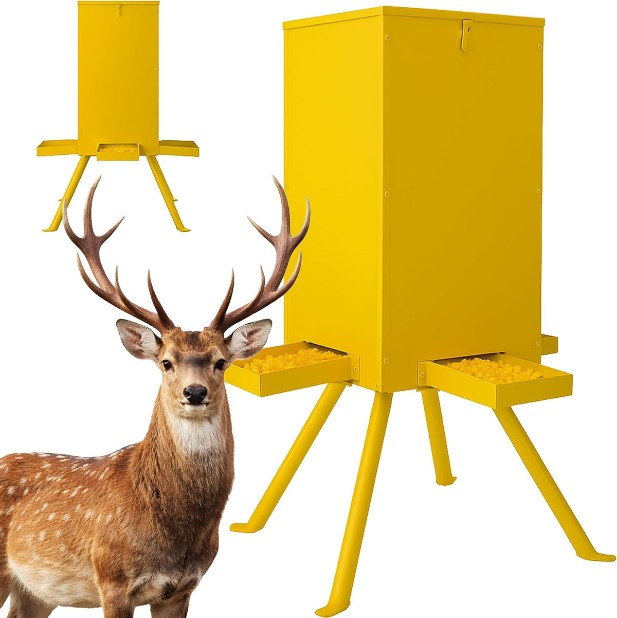 Deer Feeder 60-70 lbs, Weatherproof Deer Feeders, Heavy Duty Metal Gravity Deer Feeder with 4 Feeding Tray and 4-Leg