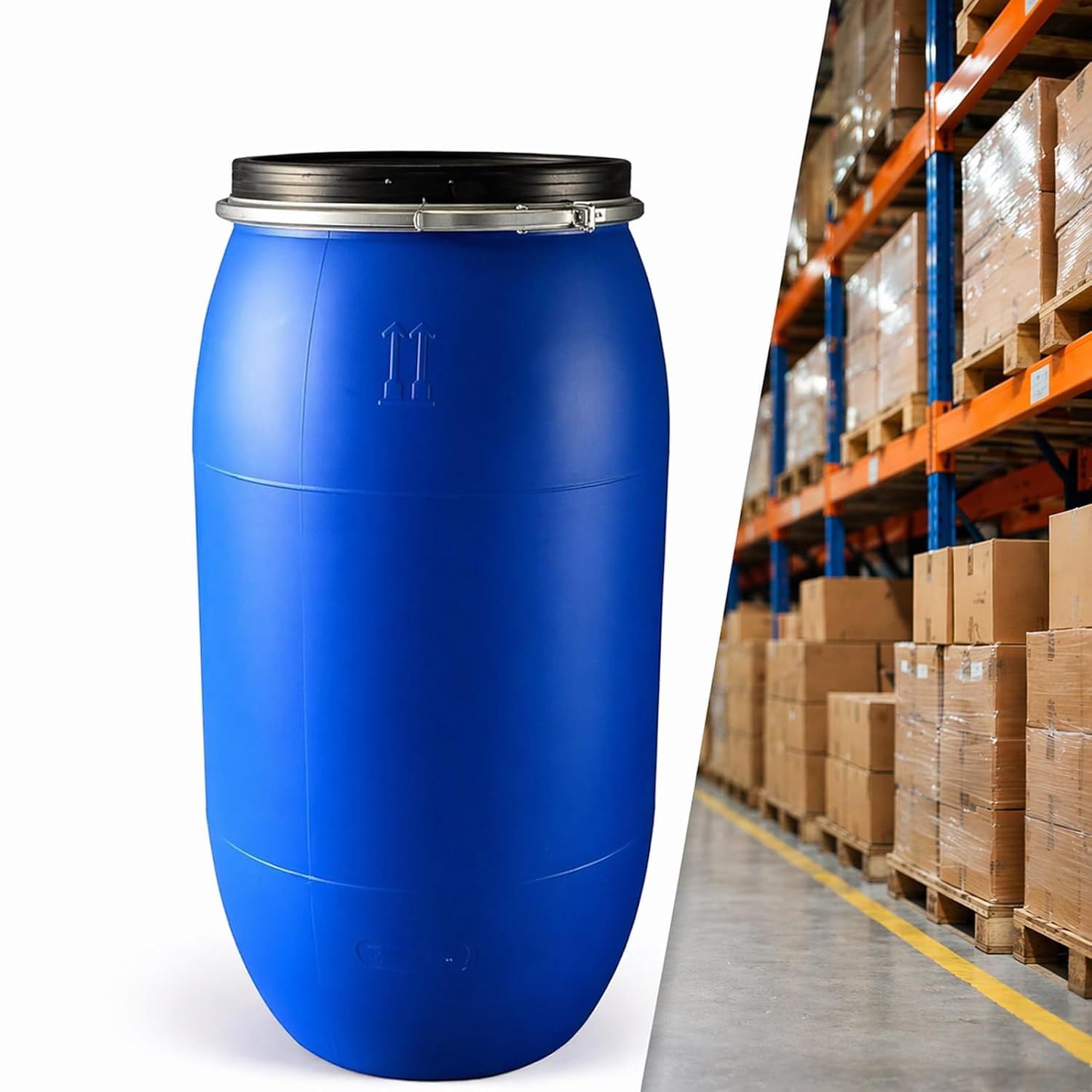 55 Gallon Rain Barrel with Lid, Multipurpose Plastic Drum for Water Storage, Feed Bin, Laundry Supplies, Basement