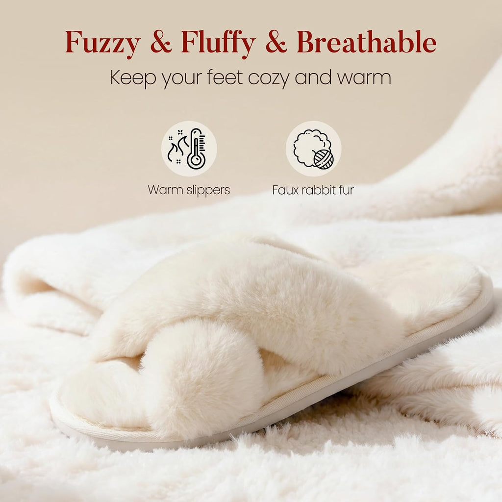 Memory Foam Fuzzy Slippers for Women,Open Toe House Shoes | Faux Fur Cross Band,Indoor Outdoor Slippers, Anti-Slip