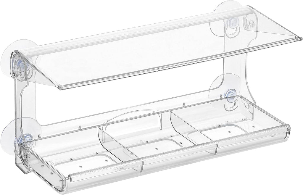 D.F. Omer Window Bird Feeder with 3 Section Tray and Roof Cover, Weatherproof Outdoor Suction Cup Hanger Acrylic