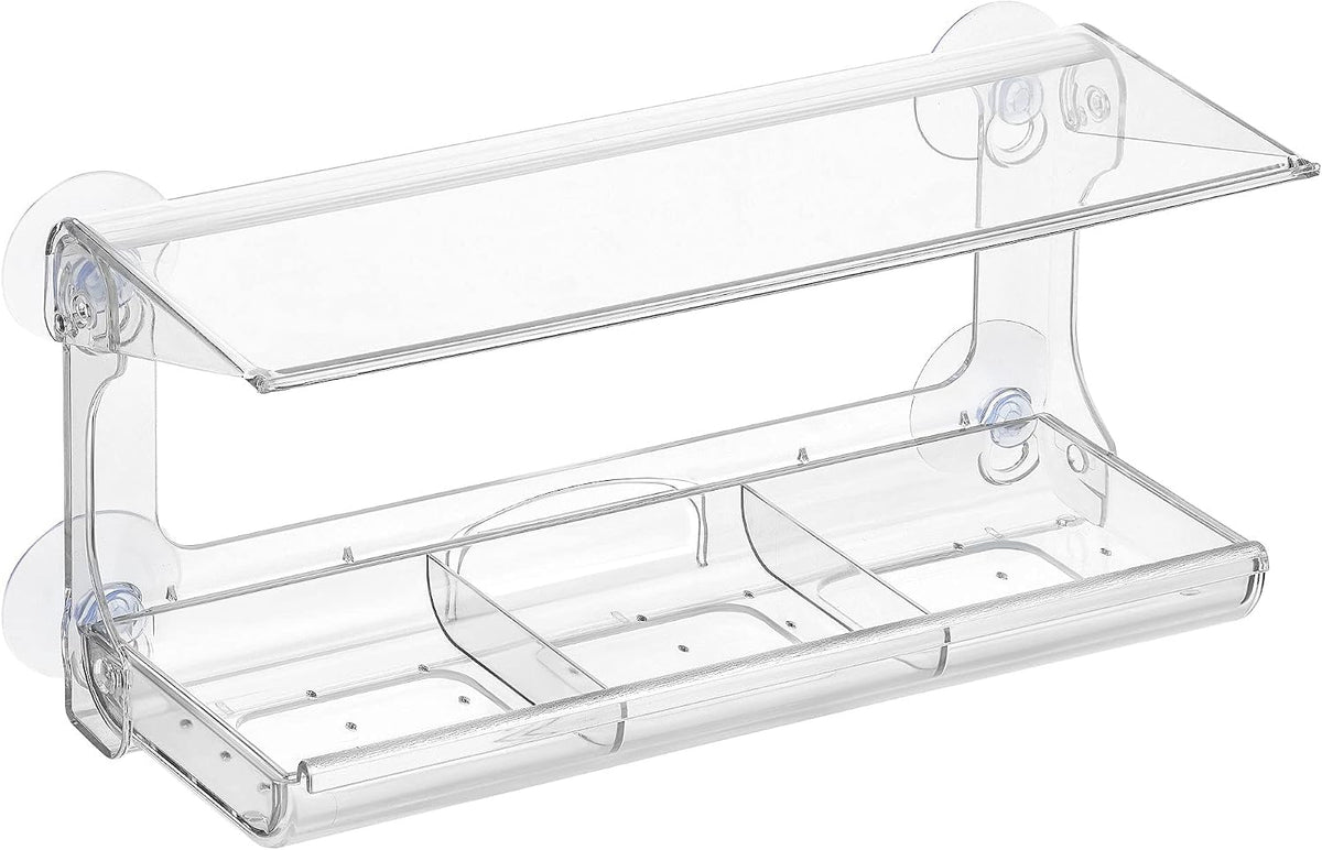 D.F. Omer Window Bird Feeder with 3 Section Tray and Roof Cover, Weatherproof Outdoor Suction Cup Hanger Acrylic