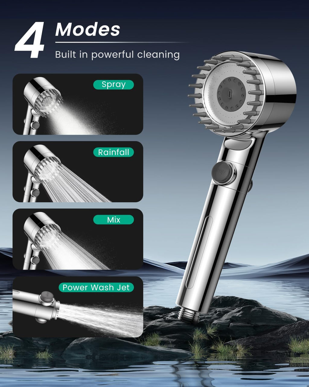 Filtered Shower Head with Handheld 4PCS Filters ShowerHead | 4 Spray, High Pressure Shower Heads with ON/OFF Button