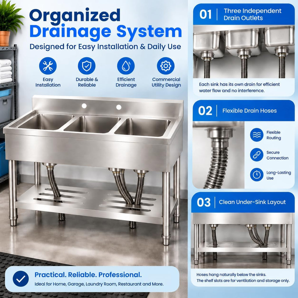 3 Compartment Utility Sink, 39 x 19 x 33 Inch Stainless Steel