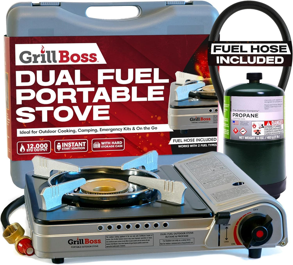 Grill Boss Dual Fuel Camp Stove - 12,000 BTU Butane & Propane Portable Stoves for Camping, Emergencies, BBQ, Hiking &