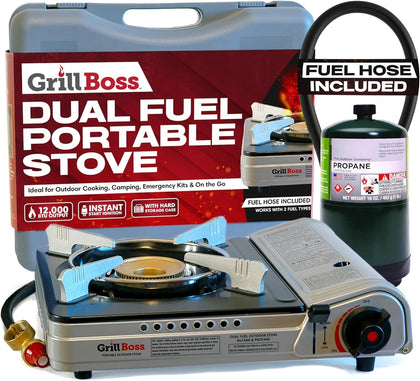 Grill Boss Dual Fuel Camp Stove - 12,000 BTU Butane & Propane Portable Stoves for Camping, Emergencies, BBQ, Hiking &