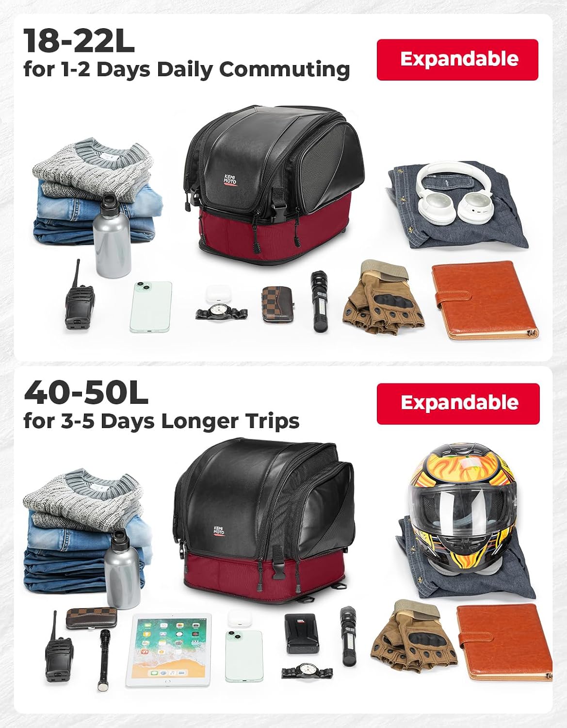Motorcycle Tail Bag 18-22L Expandable Sissy bar | Motorcycle Luggage Seat Travel Rear Rack Bag Waterproof for Daul