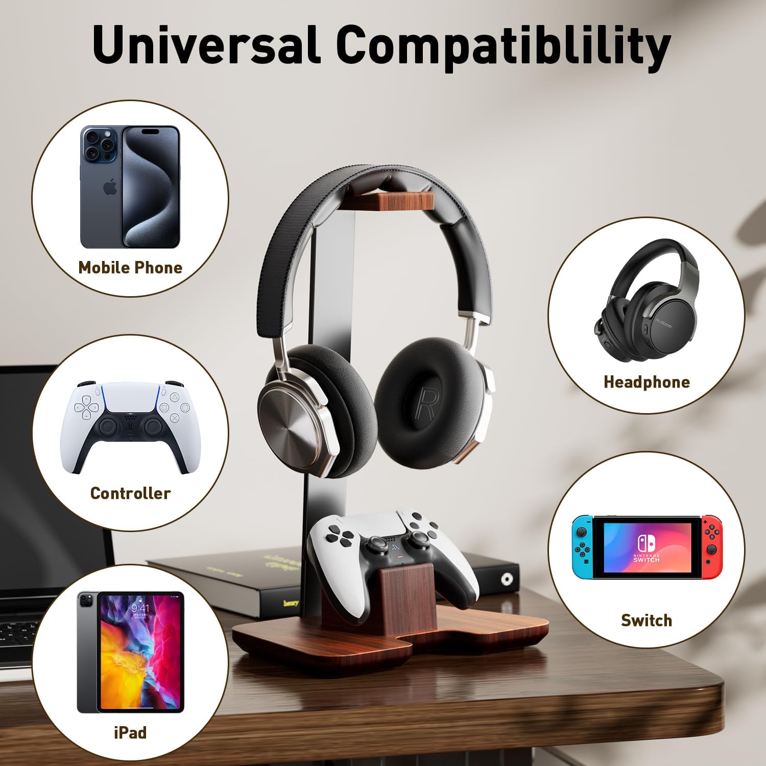 Controller Stand Wood Headphone Stand for Desk Gaming Desk Accessories Controller Holder for Gaming Equipment Headset