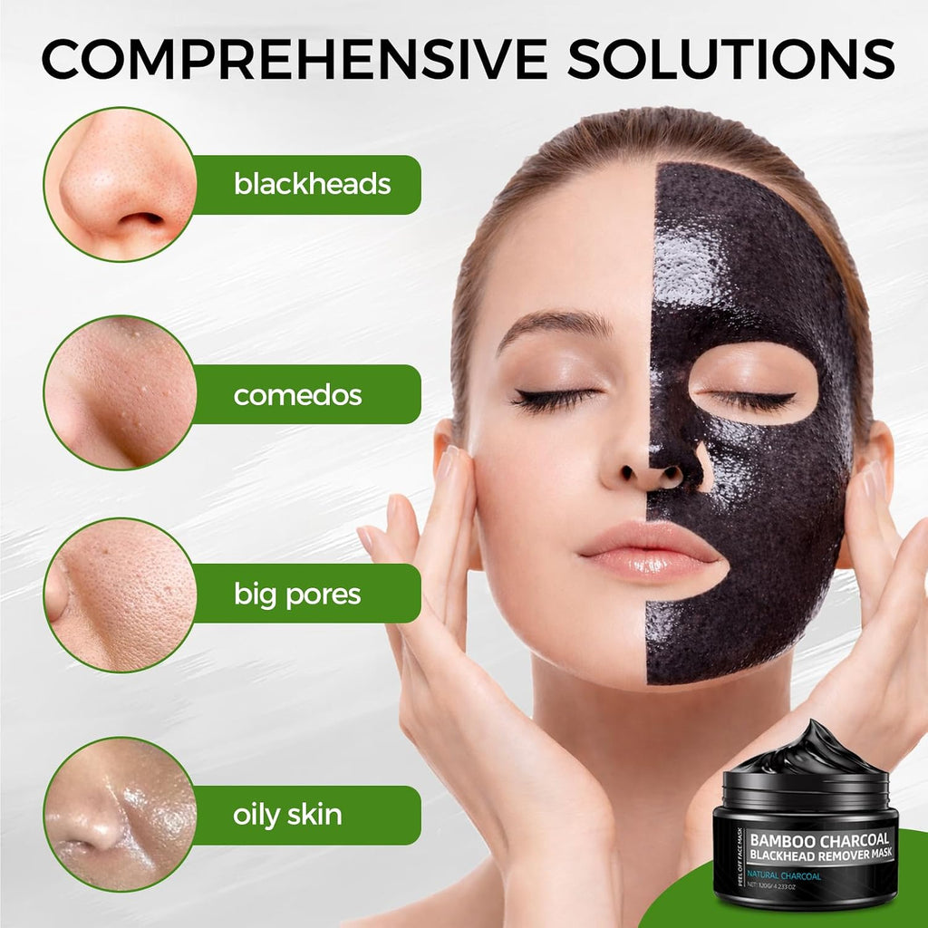 Peel Off Face Mask, Blackhead Remover for Face & Nose, Bamboo Charcoal for Deep Cleaning, Reducing Oil, Smoothing