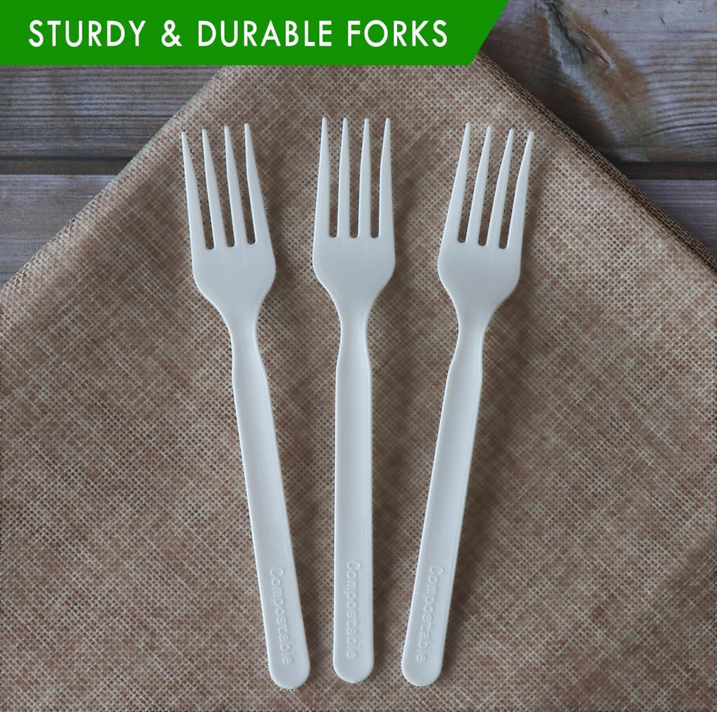 Heavy-duty Compostable Forks, BPI Certified 100 Count Large Disposable Cutlery Utensils Silverware Flatware Fork