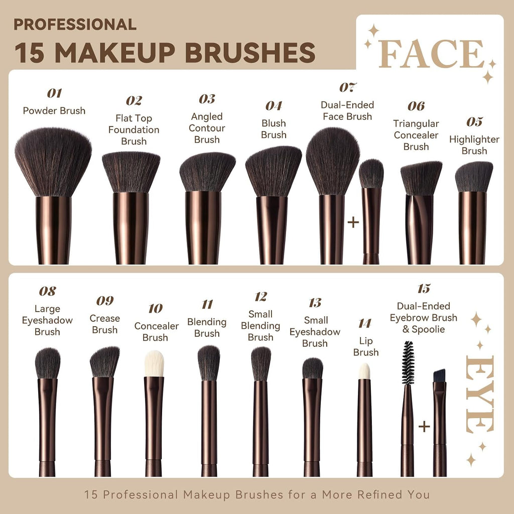 Makeup Brush Set 15 Pcs Professional Brushes with Bag for Face & Eye