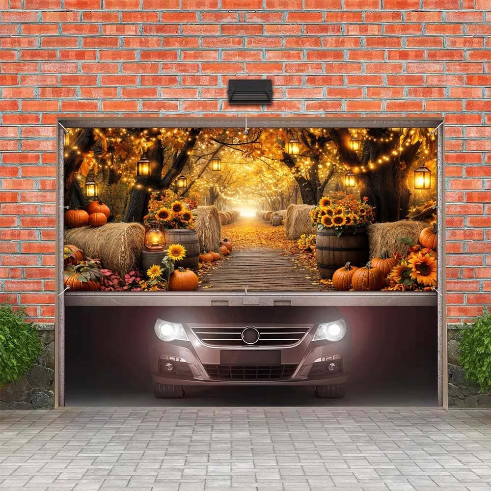 Fall Photo Garage Door Cover Decorations, Autumn Forest Scenery Maple Leaves Pumpkins Sunflowers Farm Harvest
