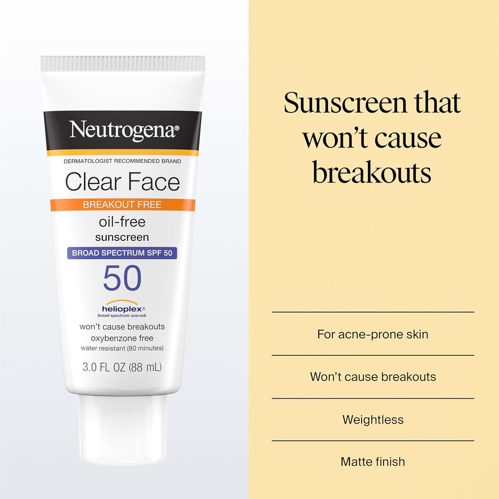 Neutrogena Clear Face Sunscreen Lotion SPF 50, 3 fl. oz | For Acne-Prone Skin, Broad Spectrum UVA/UVB Protection