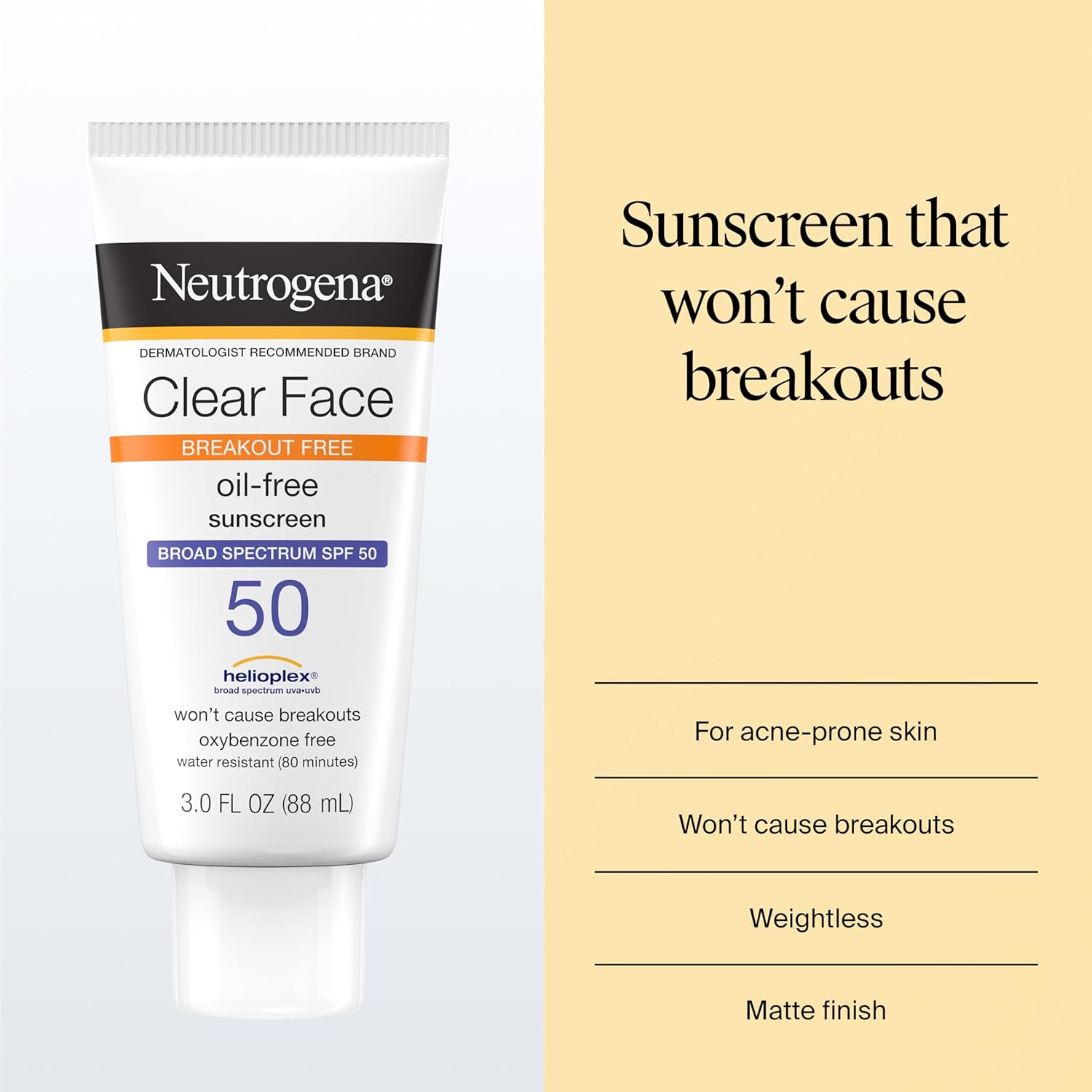 Neutrogena Clear Face Sunscreen Lotion SPF 50, 3 fl. oz | For Acne-Prone Skin, Broad Spectrum UVA/UVB Protection