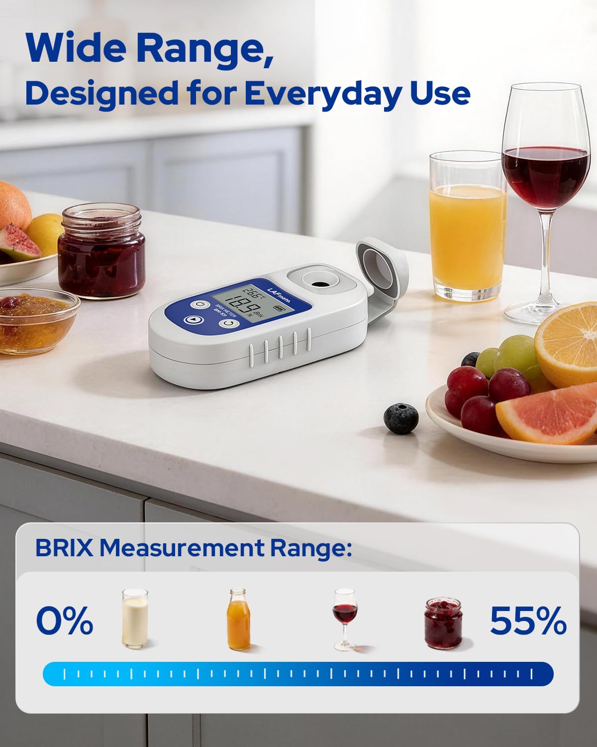 Digital Refractometer Range 0-55 BM101 Brix Refractometer ±0.2% Accuracy with ATC, IP65 Brix Meter for Juice, Wine