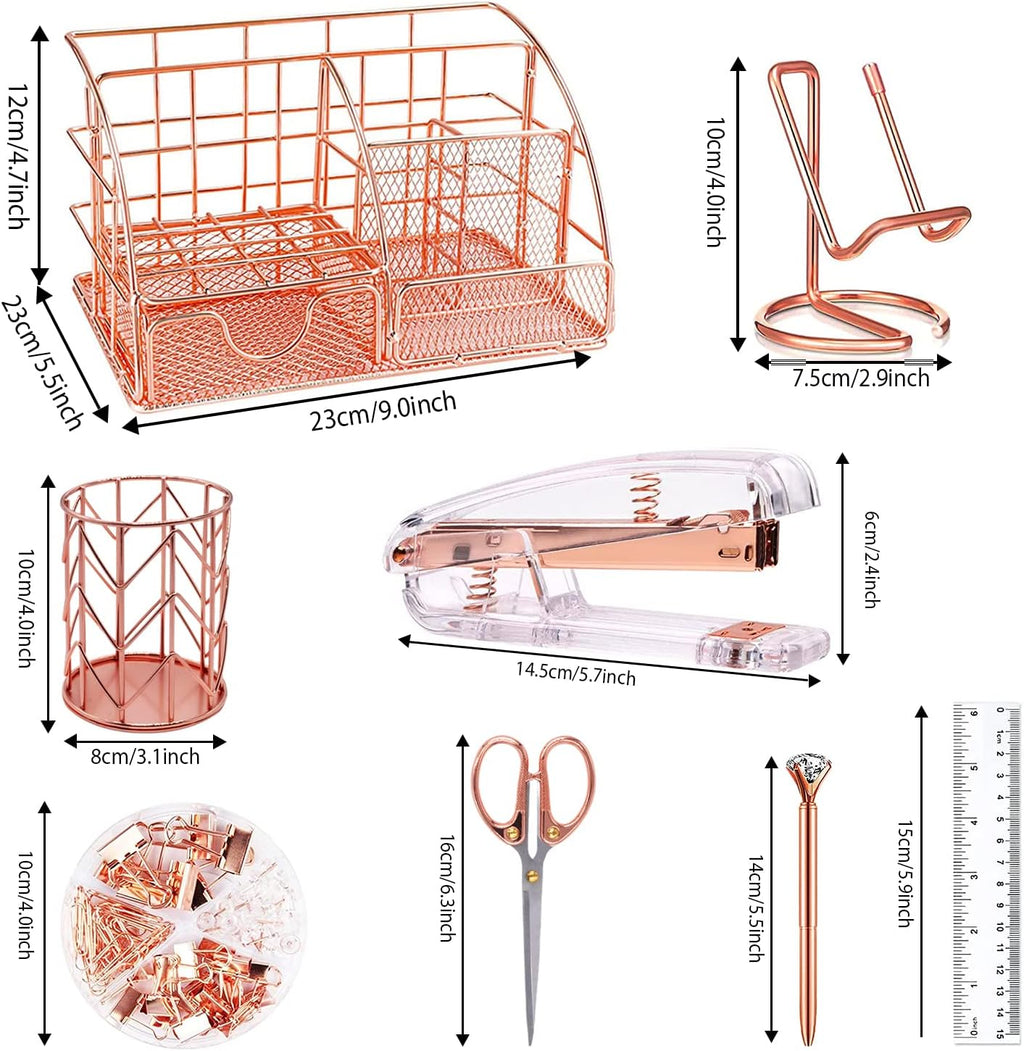 Rose Gold Desk Organizers and Accessories Office Supplies Set Stapler, Pen Holder, Phone Holder, Scissors, Pen