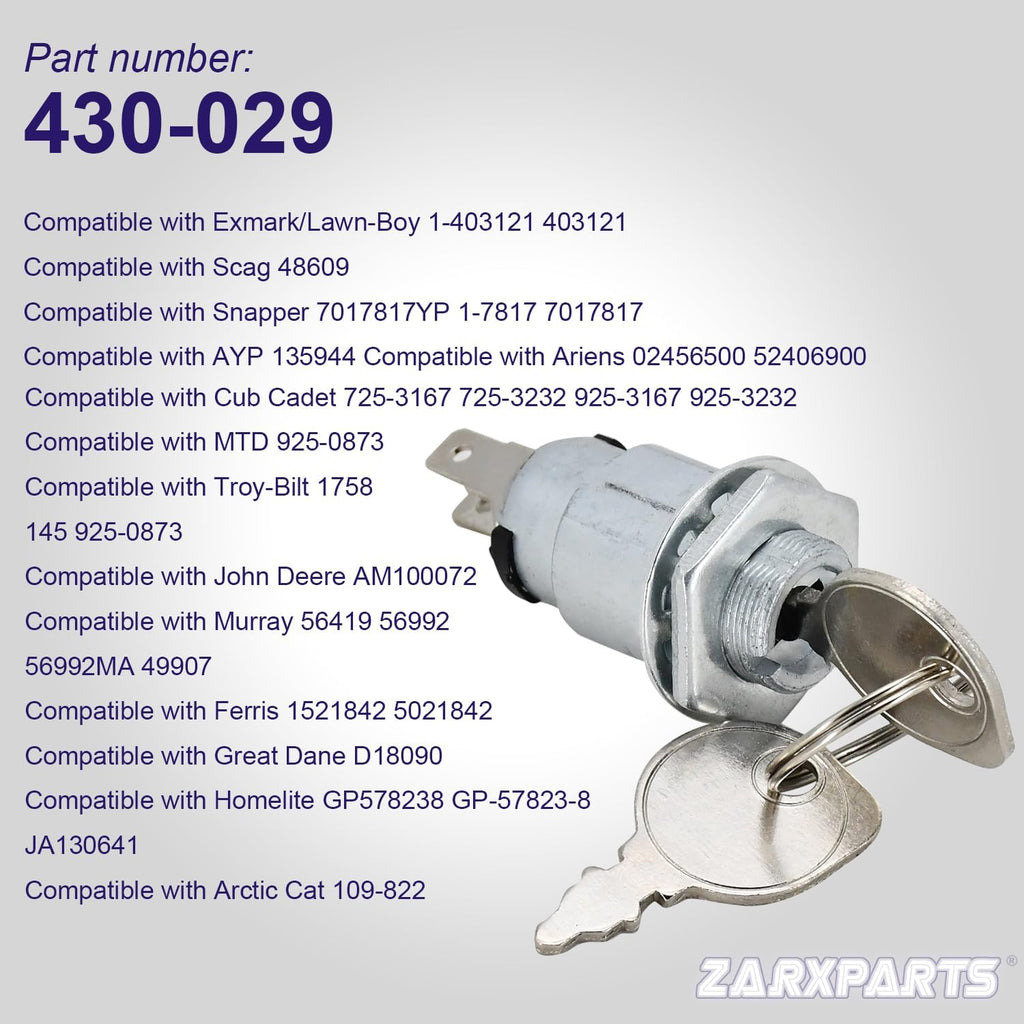 430-029 Ignition Starter Switch 2 Terminals 1-403121 48609 7017817YP Compatible with Ariens AYP Cub Cadet Exmark MTD Scag Troy-Bilt Snapper Simplicity Great Dane Lawn Mower Snowblowers Engine