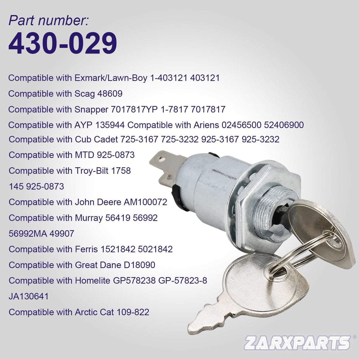 430-029 Ignition Starter Switch 2 Terminals 1-403121 48609 7017817YP Compatible with Ariens AYP Cub Cadet Exmark MTD Scag Troy-Bilt Snapper Simplicity Great Dane Lawn Mower Snowblowers Engine
