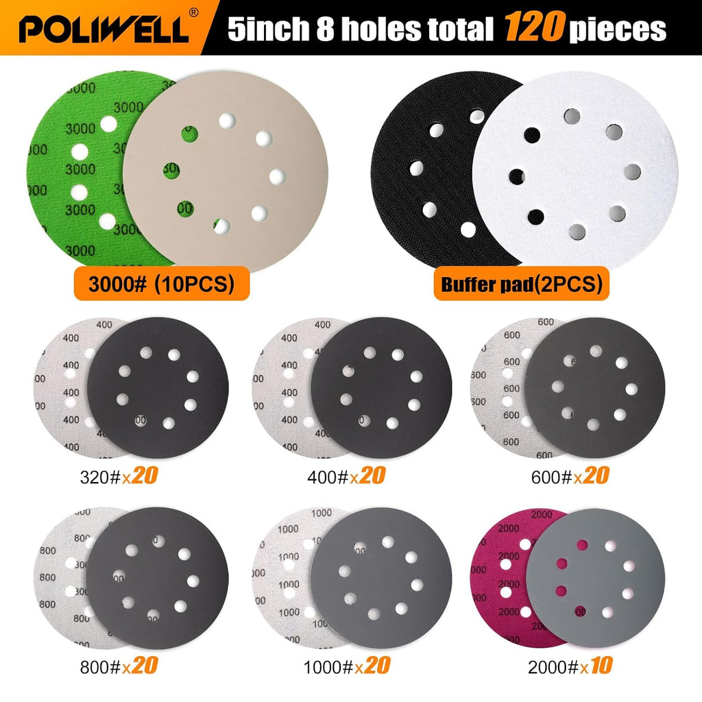 120pcs 5 Inch Sanding Discs Hook & Loop 8 Holes Wet Dry 320 400 600 800 1000 2000 3000 Grit Orbital Sandpaper with